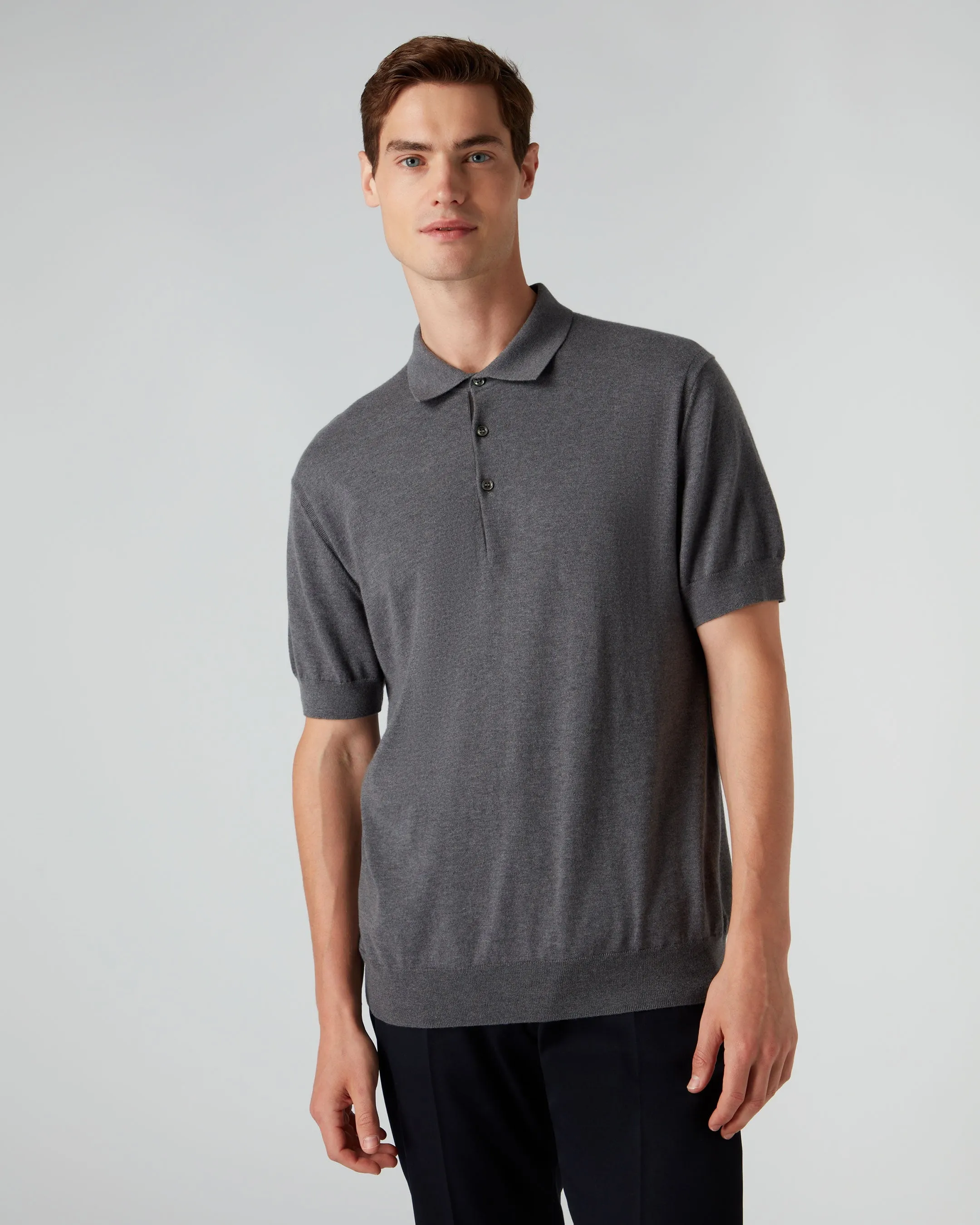 007 Short Sleeve Cotton Cashmere Collared Polo T-shirt Smoke Grey