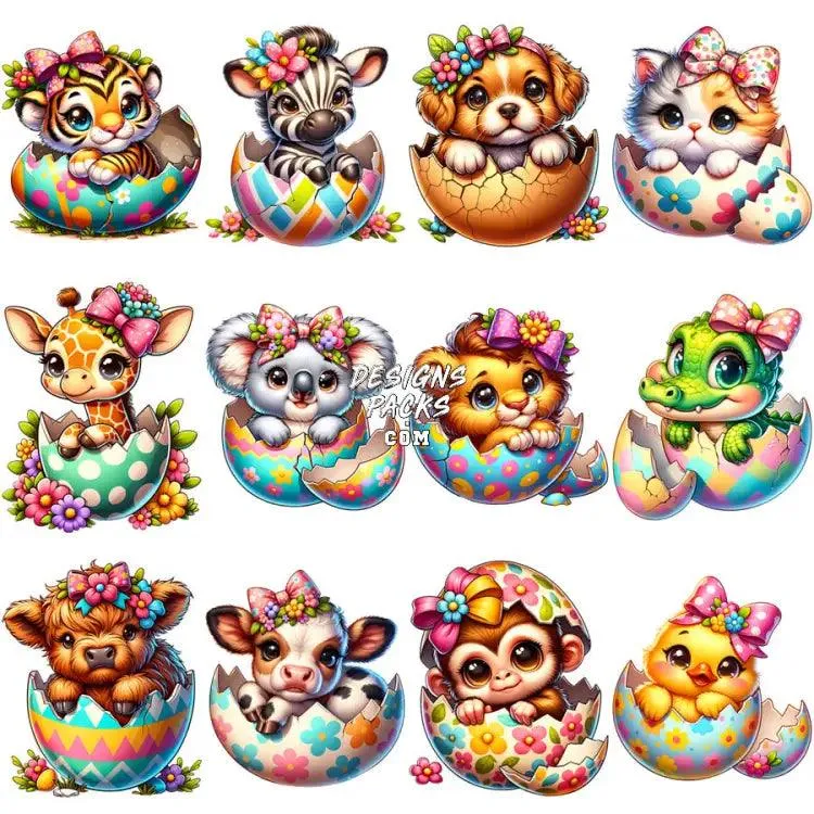 20 Animals Easter Eggshell Designs Bundle PNG