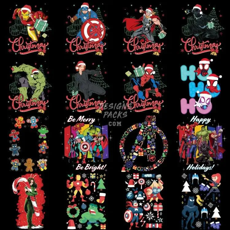 70 Superheroes Christmas Cartoon Designs Bundle PNG