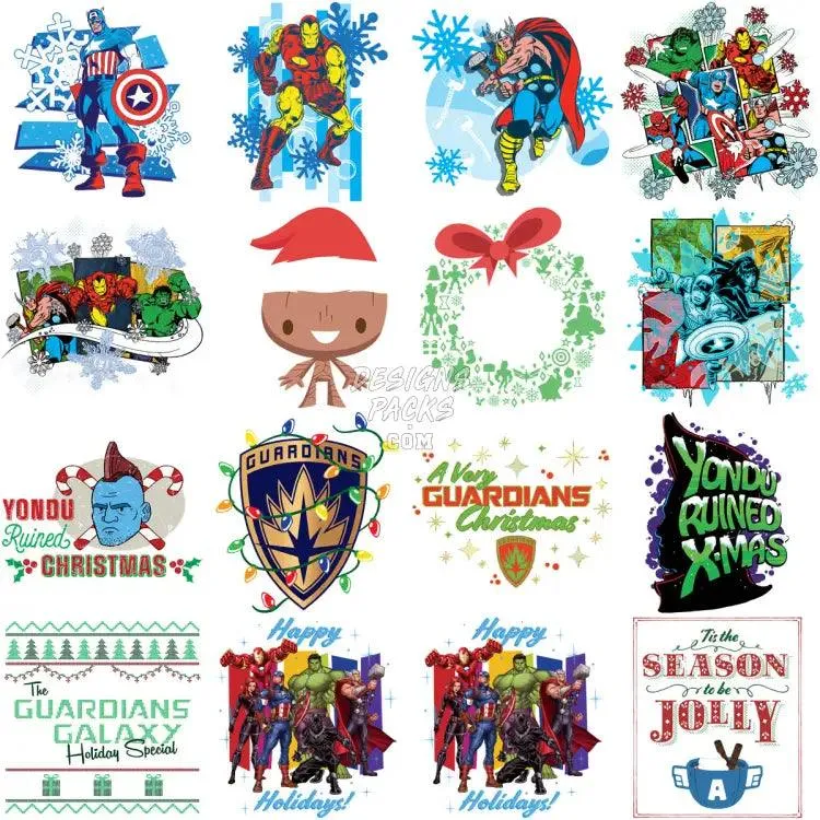 70 Superheroes Christmas Cartoon Designs Bundle PNG