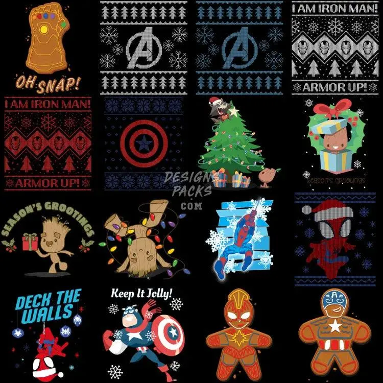 70 Superheroes Christmas Cartoon Designs Bundle PNG