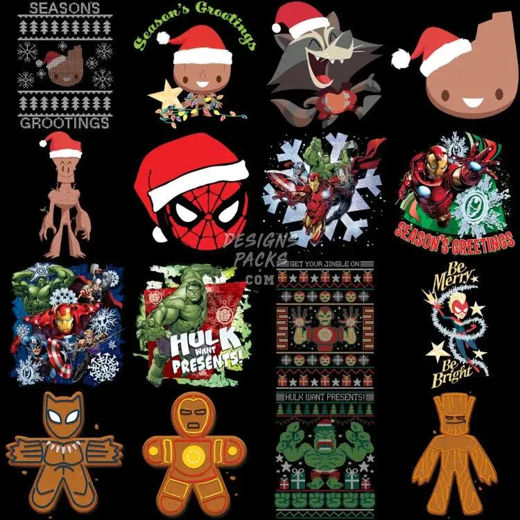 70 Superheroes Christmas Cartoon Designs Bundle PNG