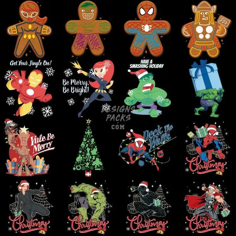 70 Superheroes Christmas Cartoon Designs Bundle PNG