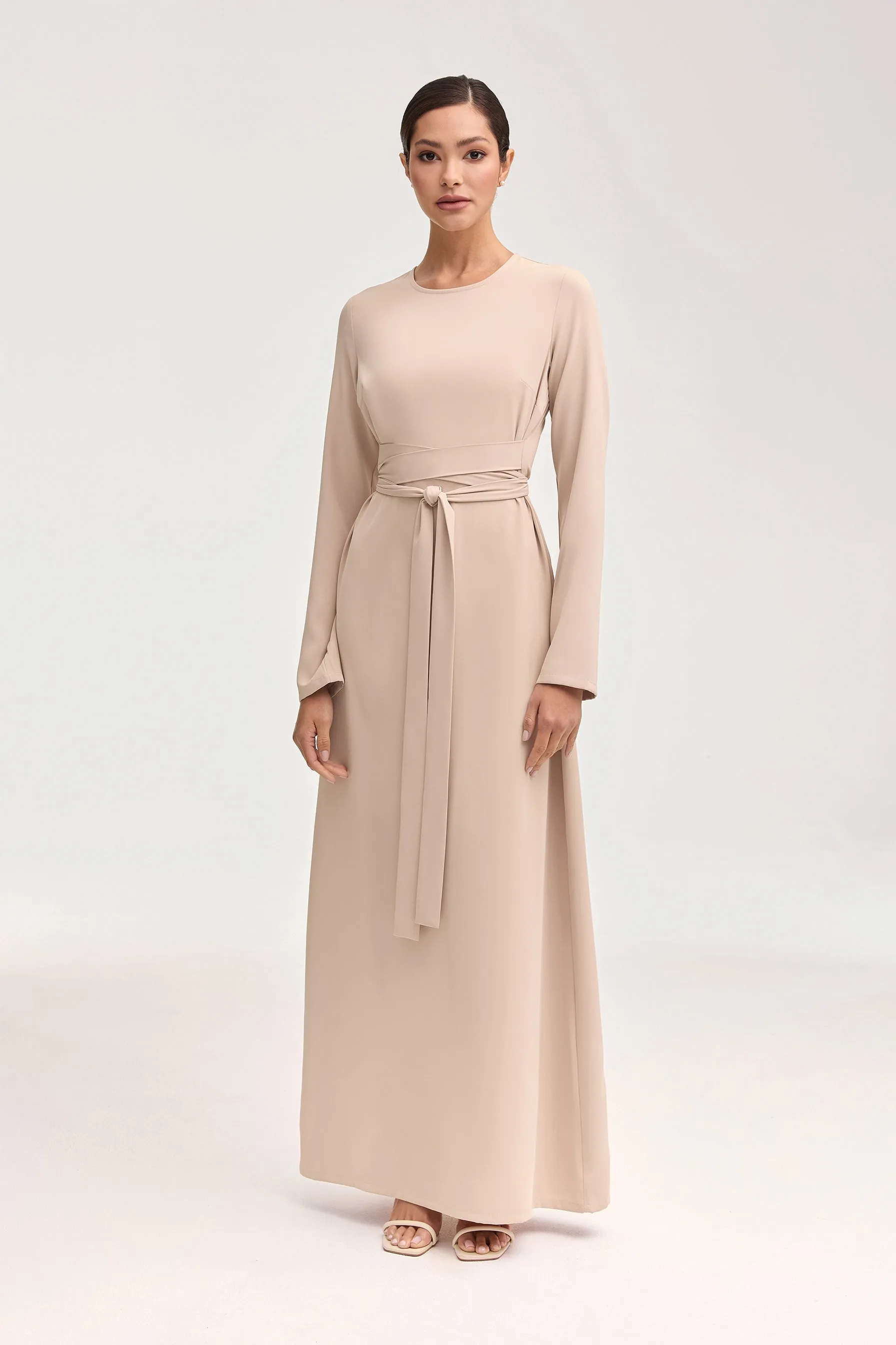 Asalah Wrap Waist Maxi Dress & Abaya Set - Creme Brulee