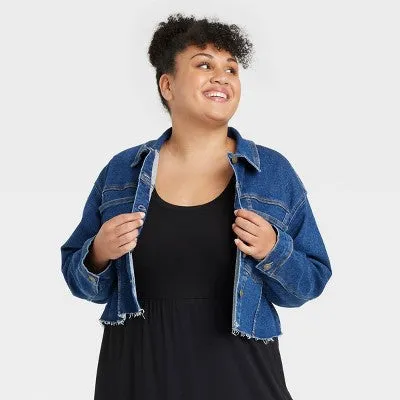 Ava & Viv Women's Plus Button Up Cropped Lightweight Denim Jacket