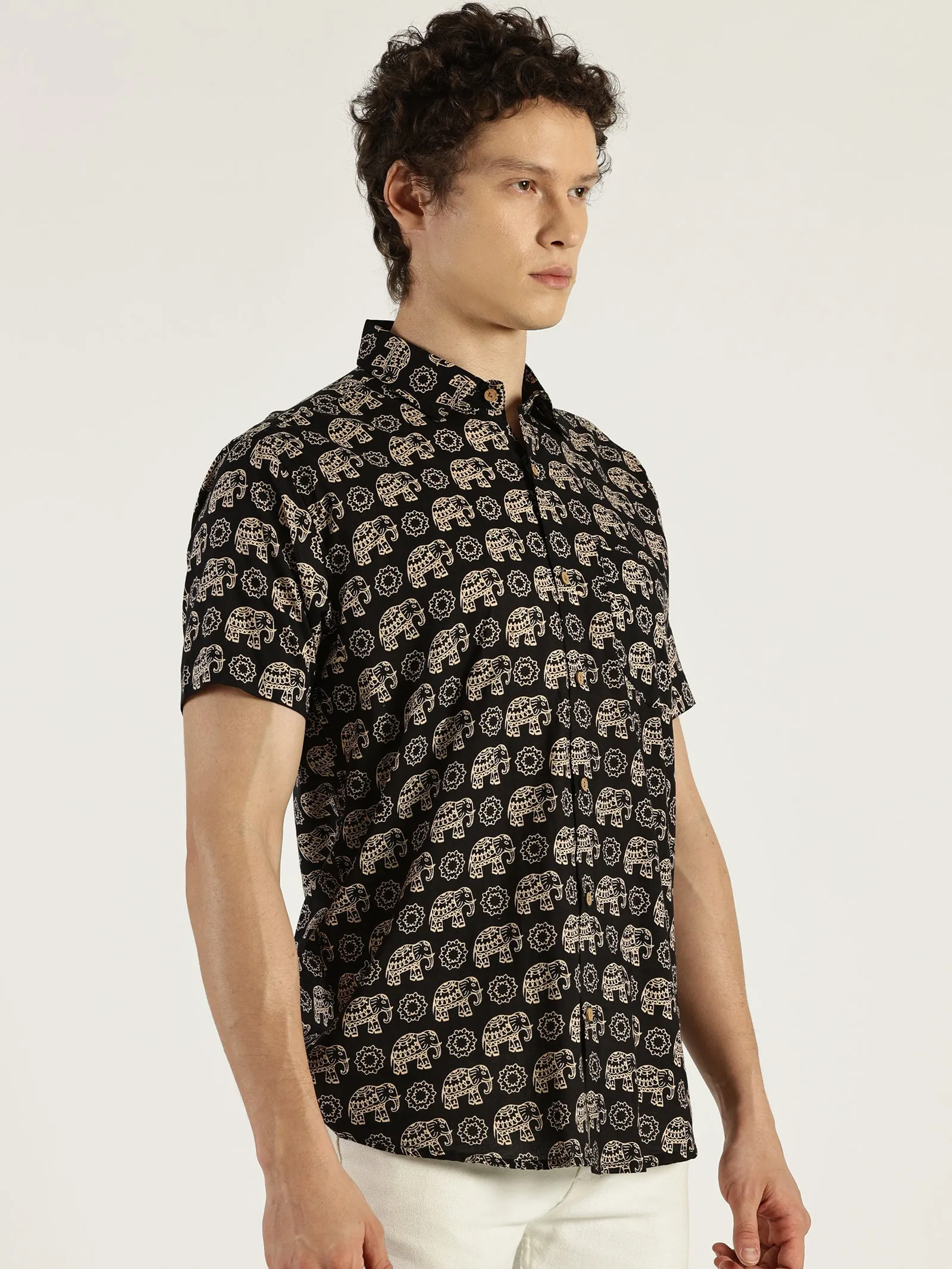 Black Ethnic Elephant Printed Halfsleeves Cotton Shirt