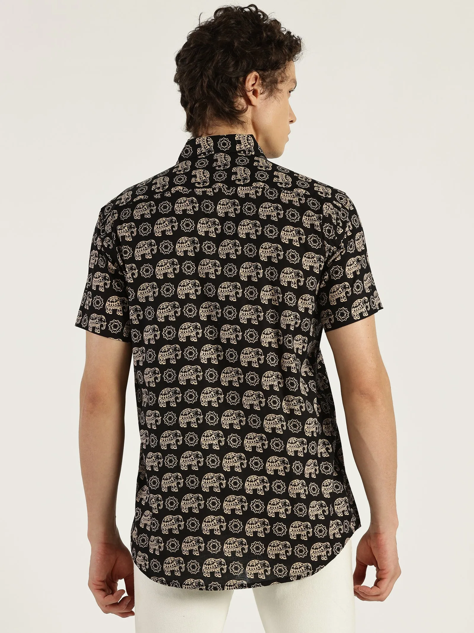 Black Ethnic Elephant Printed Halfsleeves Cotton Shirt