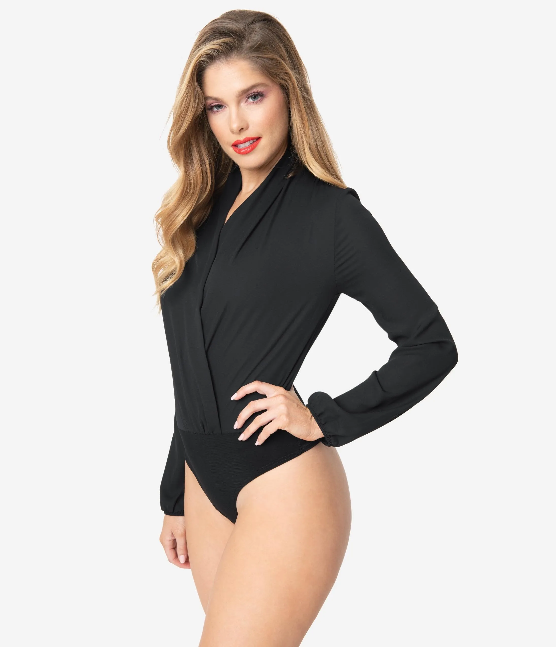 Black Long Sleeve Surplice Bodysuit