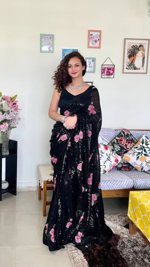 Black Printed Georgette Sequins Saree