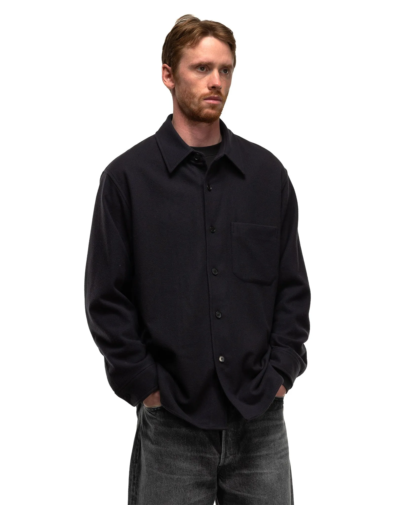 Brushed Super Fine Wool Flannel Shirt Ink Black