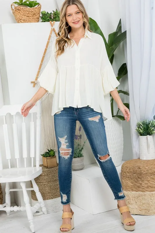 Bubble Sleeve Babydoll Tunic Shirt