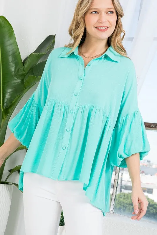 Bubble Sleeve Babydoll Tunic Shirt