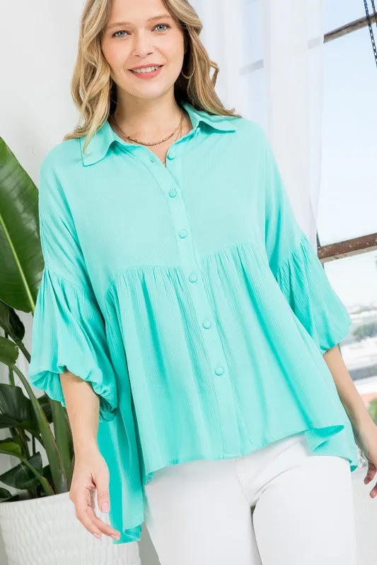 Bubble Sleeve Babydoll Tunic Shirt