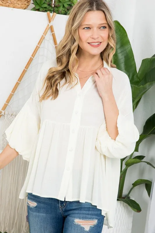 Bubble Sleeve Babydoll Tunic Shirt