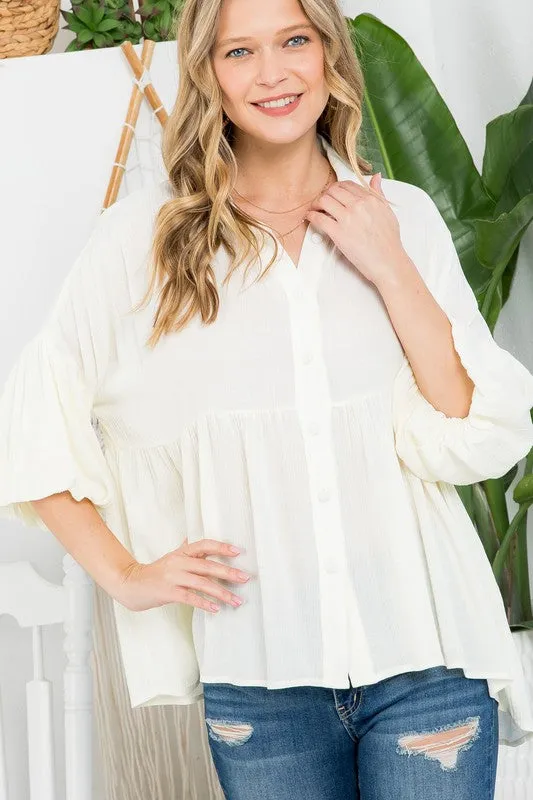 Bubble Sleeve Babydoll Tunic Shirt