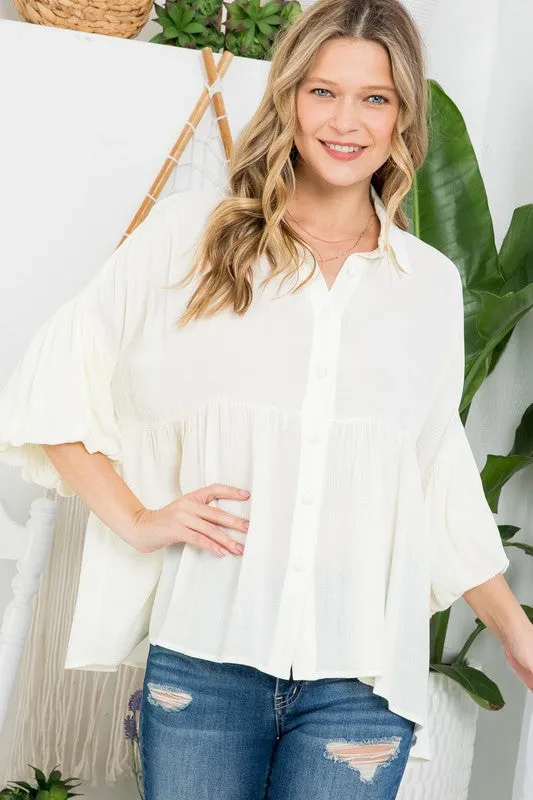 Bubble Sleeve Babydoll Tunic Shirt