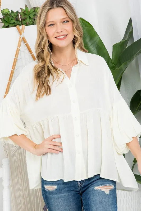 Bubble Sleeve Babydoll Tunic Shirt