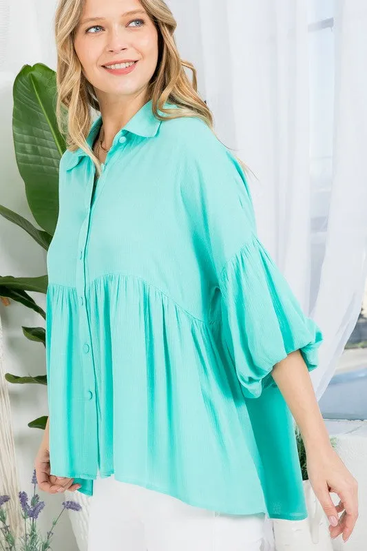 Bubble Sleeve Babydoll Tunic Shirt