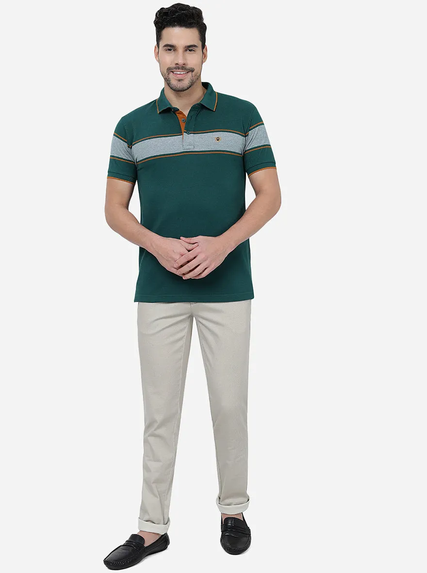 Dark Green Striped Slim Fit Polo T-Shirt | JadeBlue