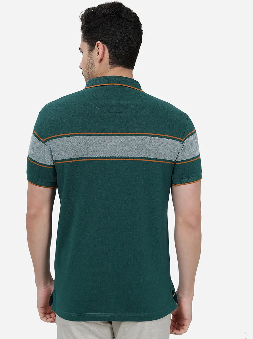 Dark Green Striped Slim Fit Polo T-Shirt | JadeBlue