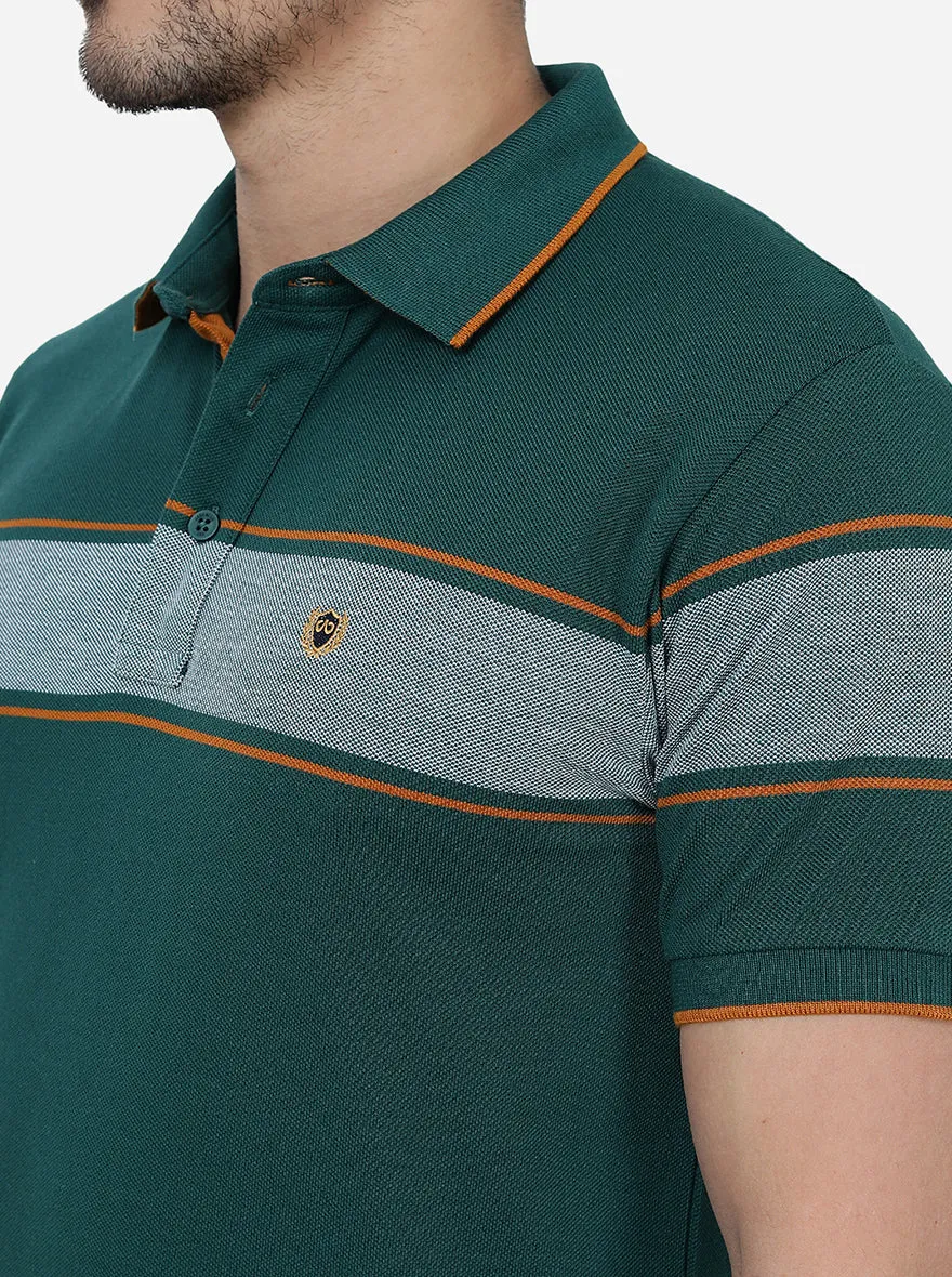 Dark Green Striped Slim Fit Polo T-Shirt | JadeBlue