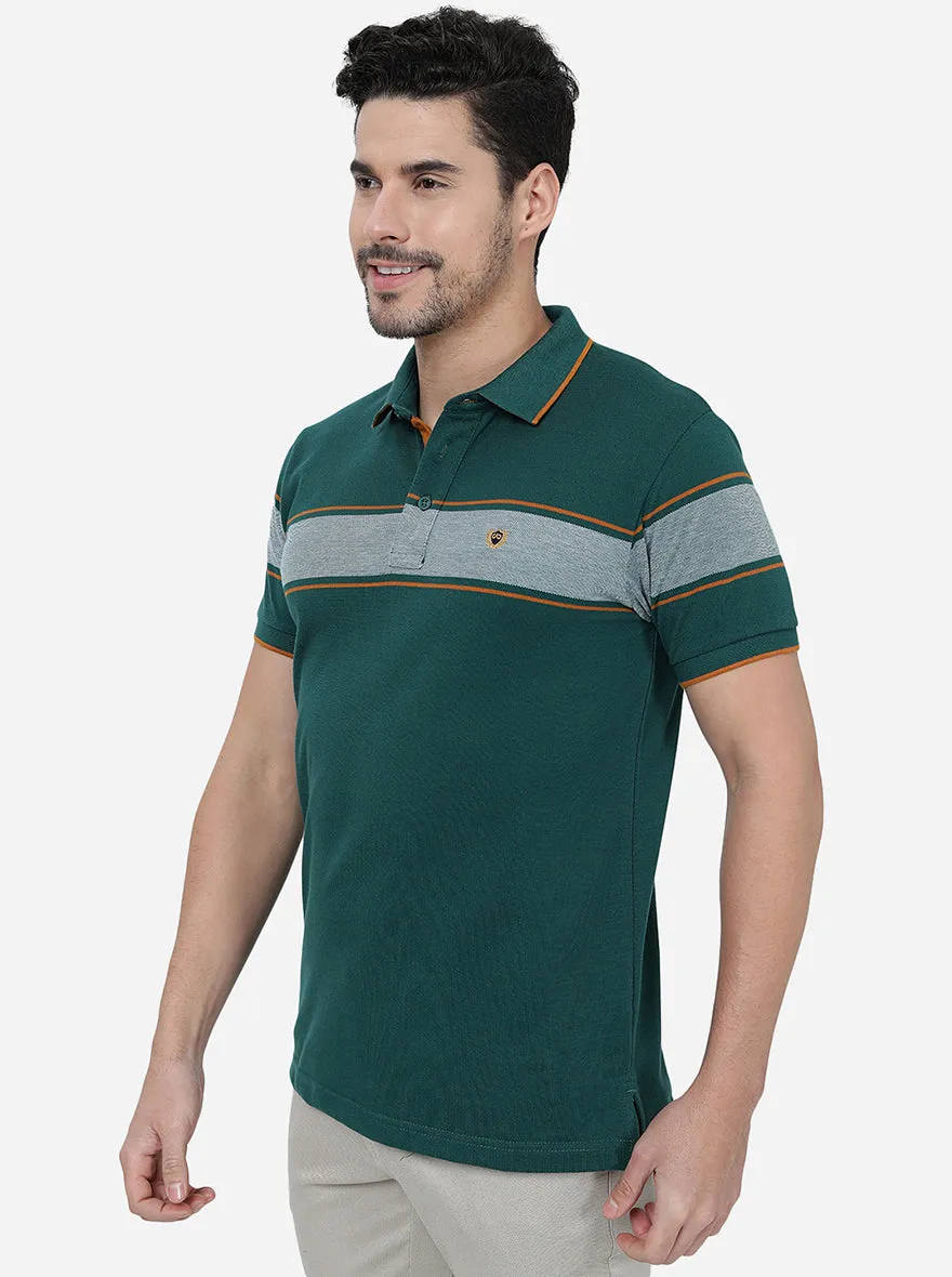 Dark Green Striped Slim Fit Polo T-Shirt | JadeBlue