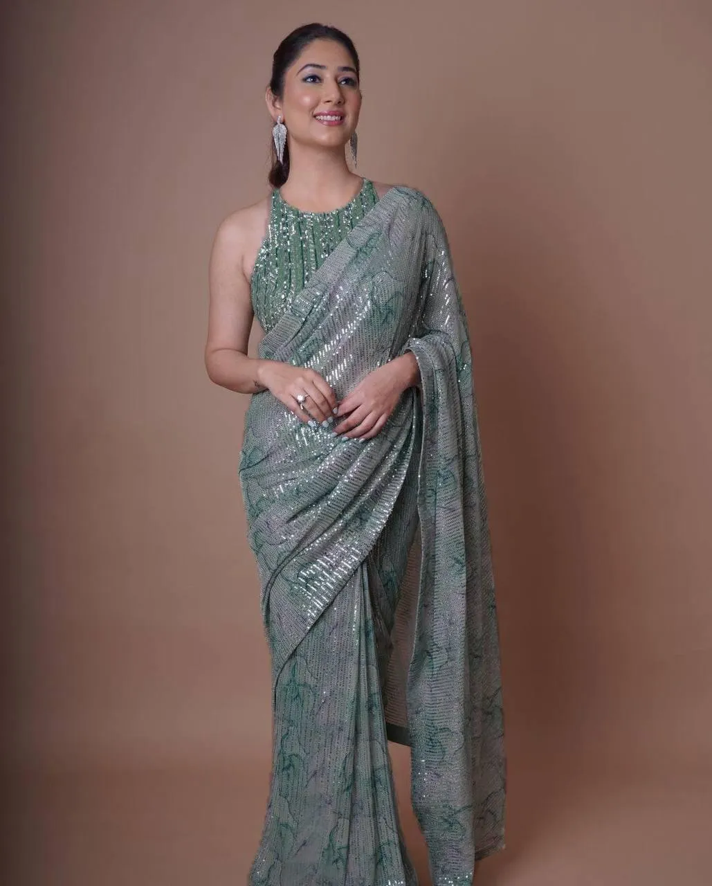 Dusty Green Georgette Embroidery Saree