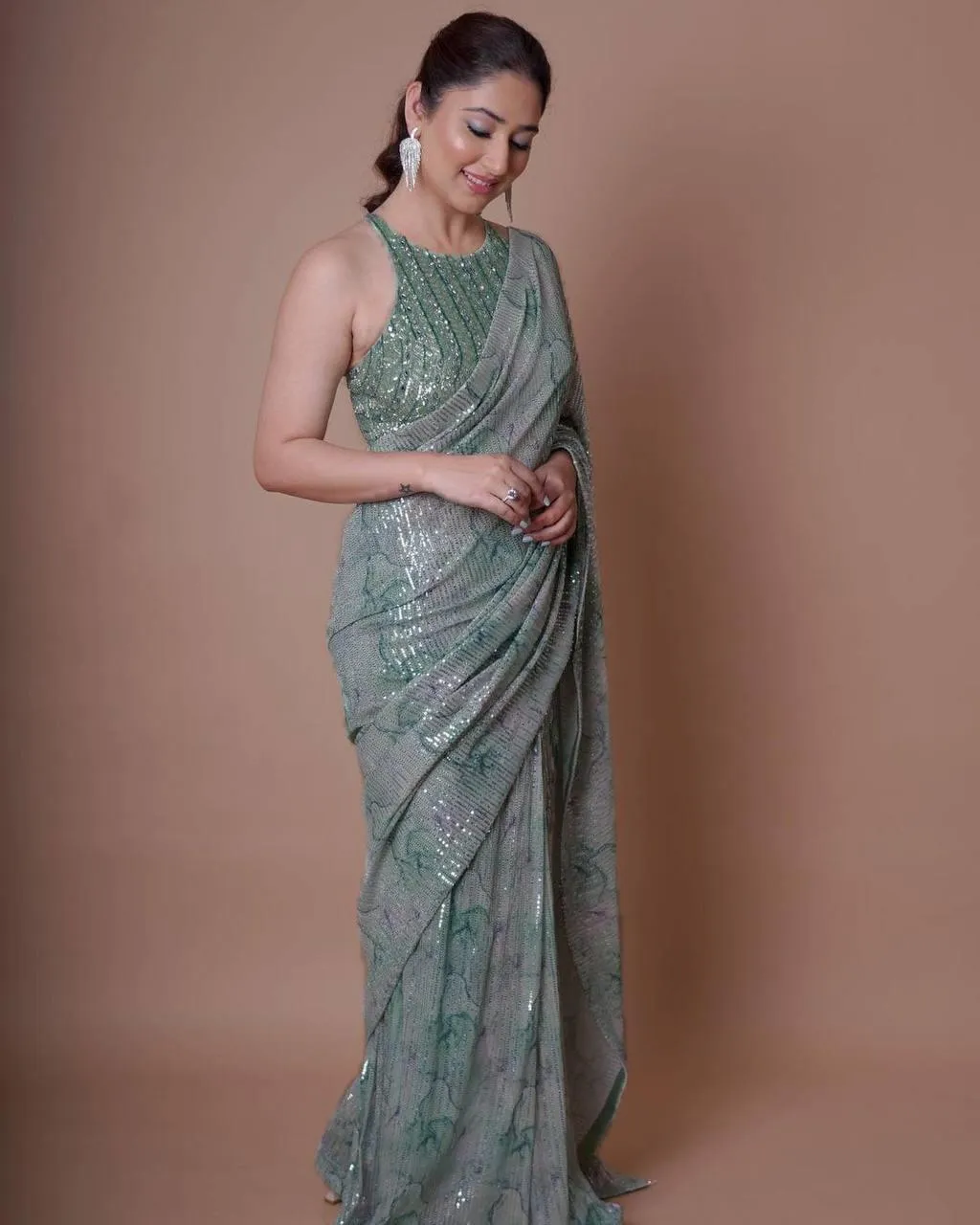 Dusty Green Georgette Embroidery Saree