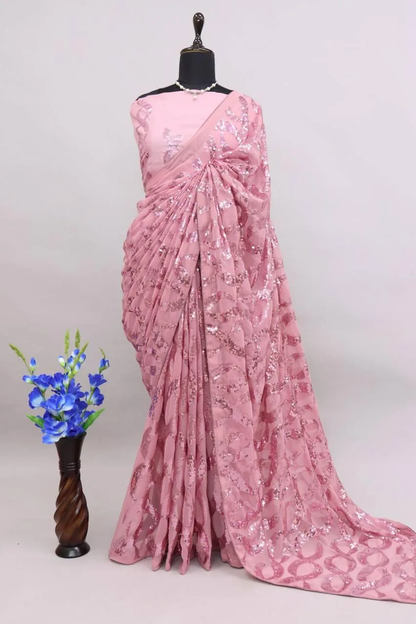 Dusty Pink Georgette Premium Sequins Saree