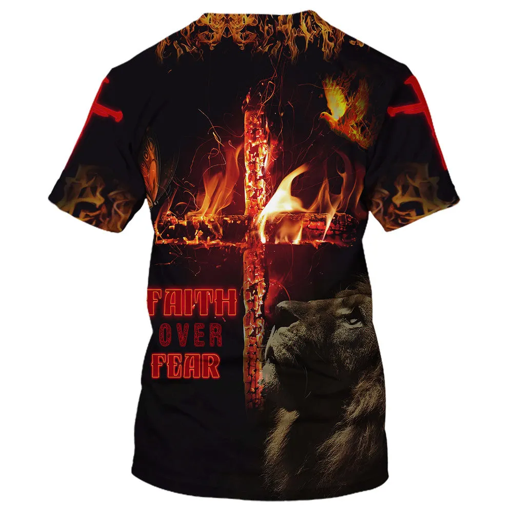 Faith Over Fear Lion Cross 3d All Over Print Shirt - Christian 3d Shirts For Men Women