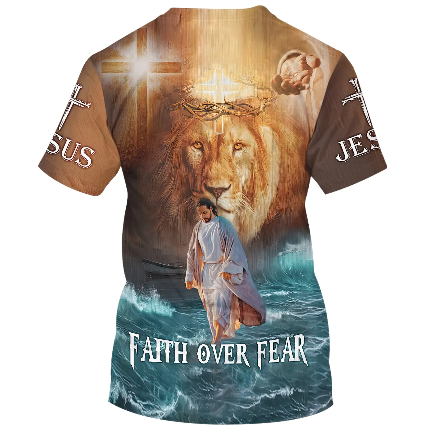 Faith Over Fear Lion Jesus Walking On The Water 3d Shirts - Christian T Shirts For Men And Women