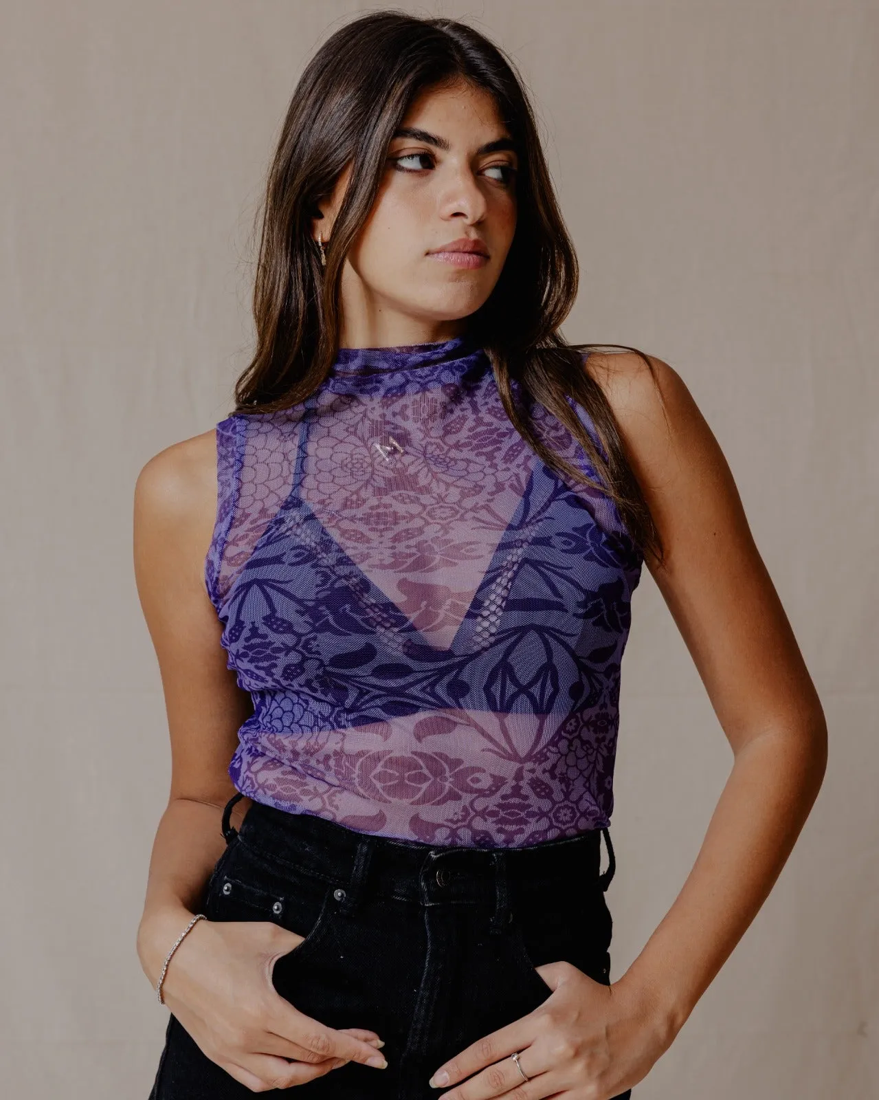 Floral Fusion Mesh Top Purple