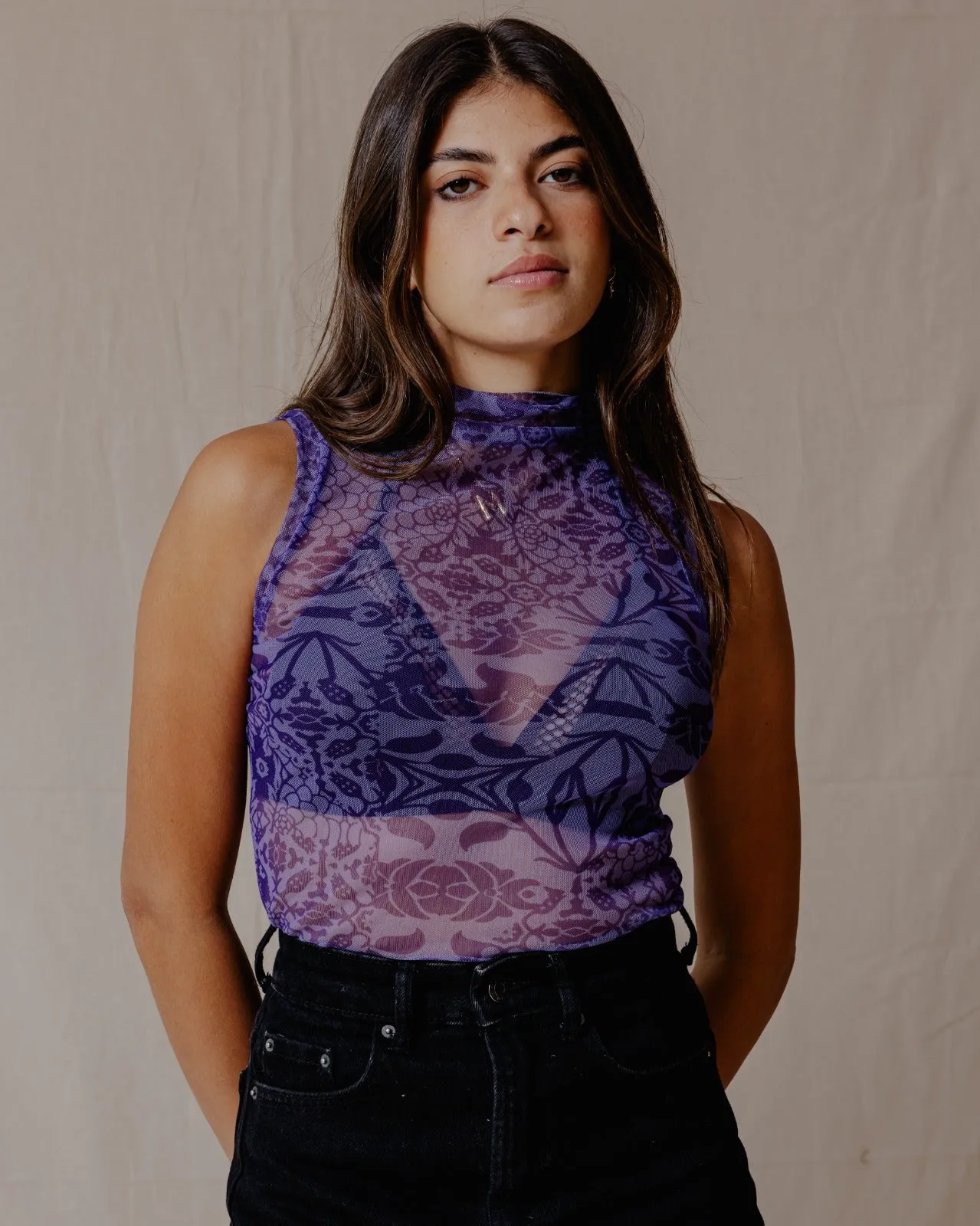 Floral Fusion Mesh Top Purple