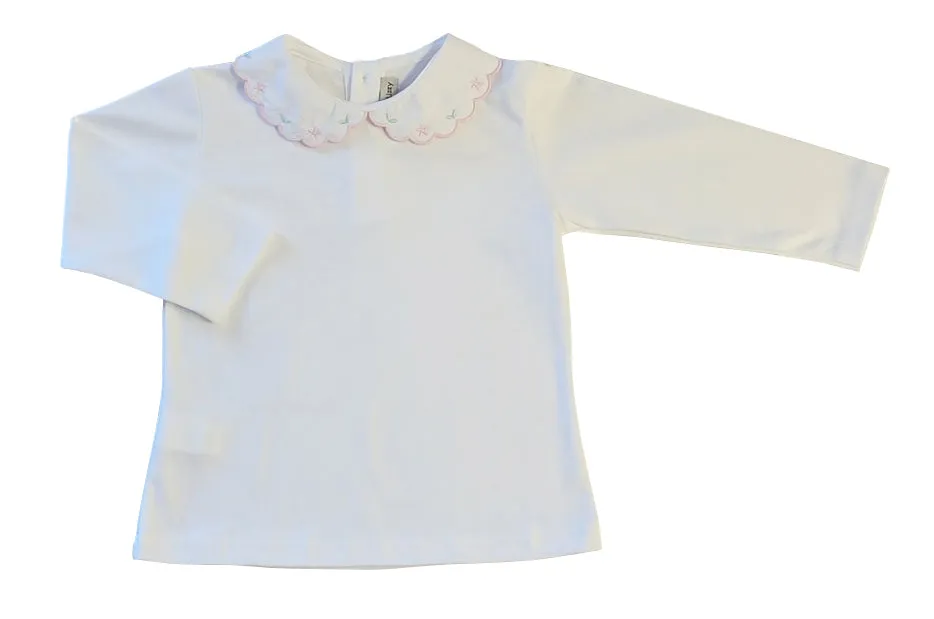 Girl's Pima Cotton Top with Peter Pan Collar & Pink Flowers