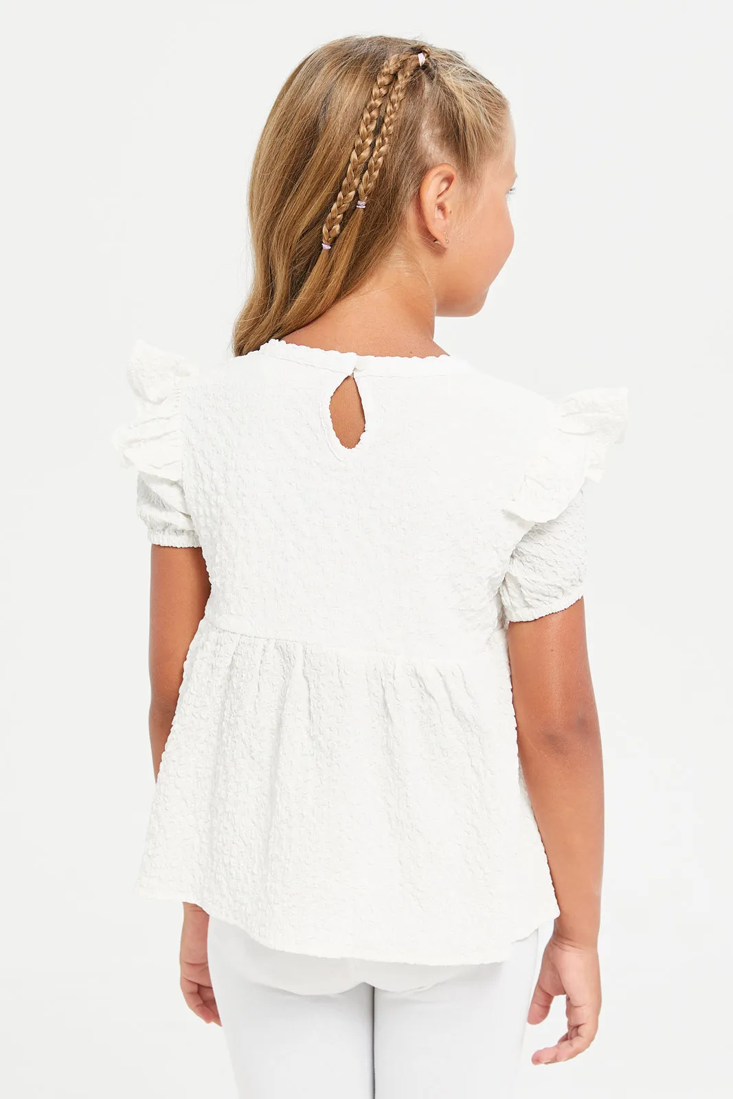 Girls White Short Sleeve Jacquard Blouse