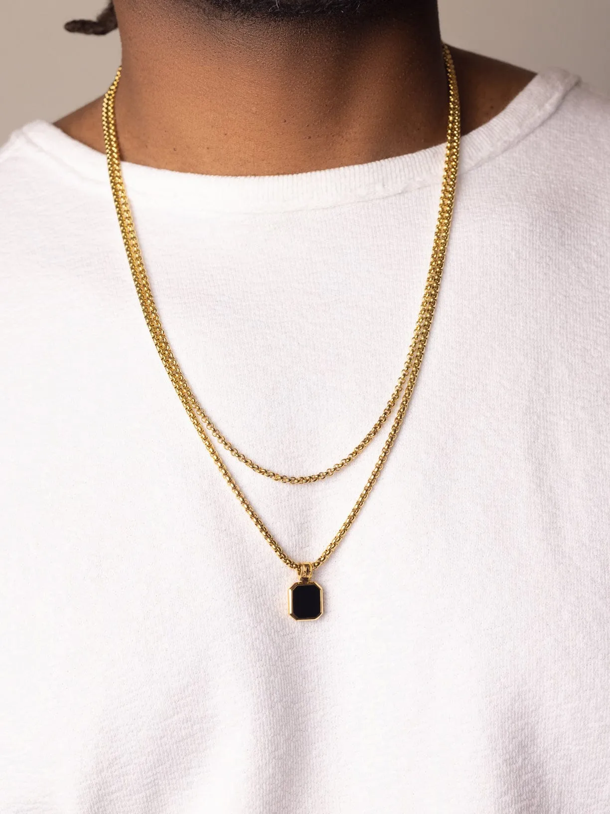 Gold Necklace Layer with 3mm Box Chain and Onyx Square Necklace