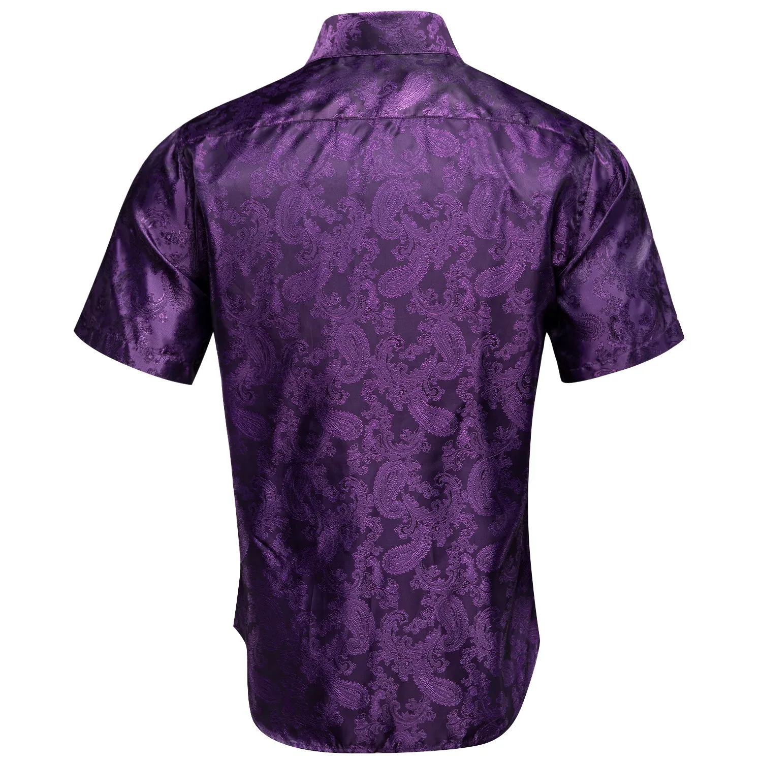 Hi-Tie Dark Purple Paisley Silk Men's Short Sleeve Shirt