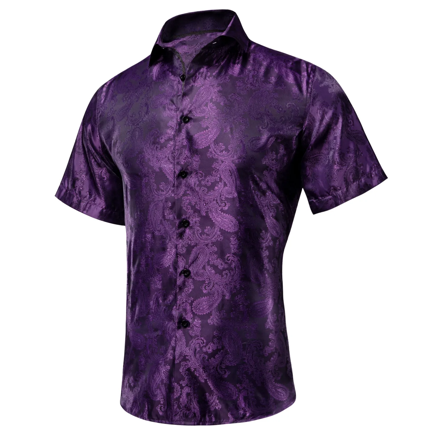 Hi-Tie Dark Purple Paisley Silk Men's Short Sleeve Shirt