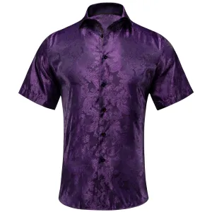 Hi-Tie Dark Purple Paisley Silk Men's Short Sleeve Shirt