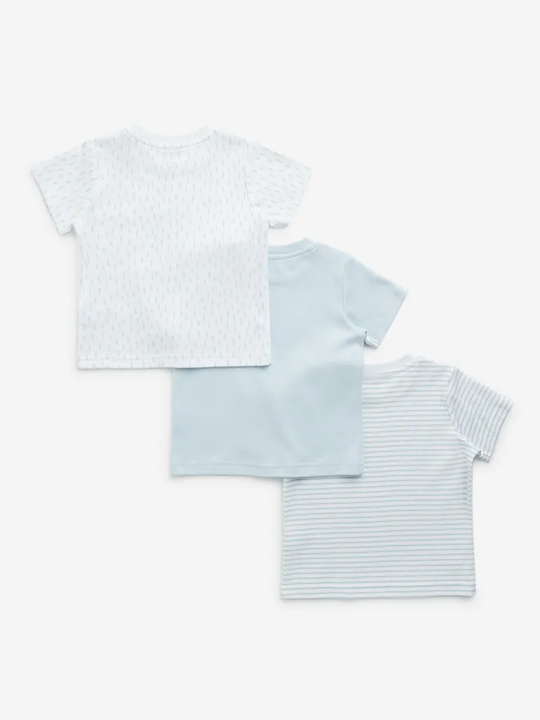 HOP Baby Blue Printed Cotton T-Shirts - Pack of 3