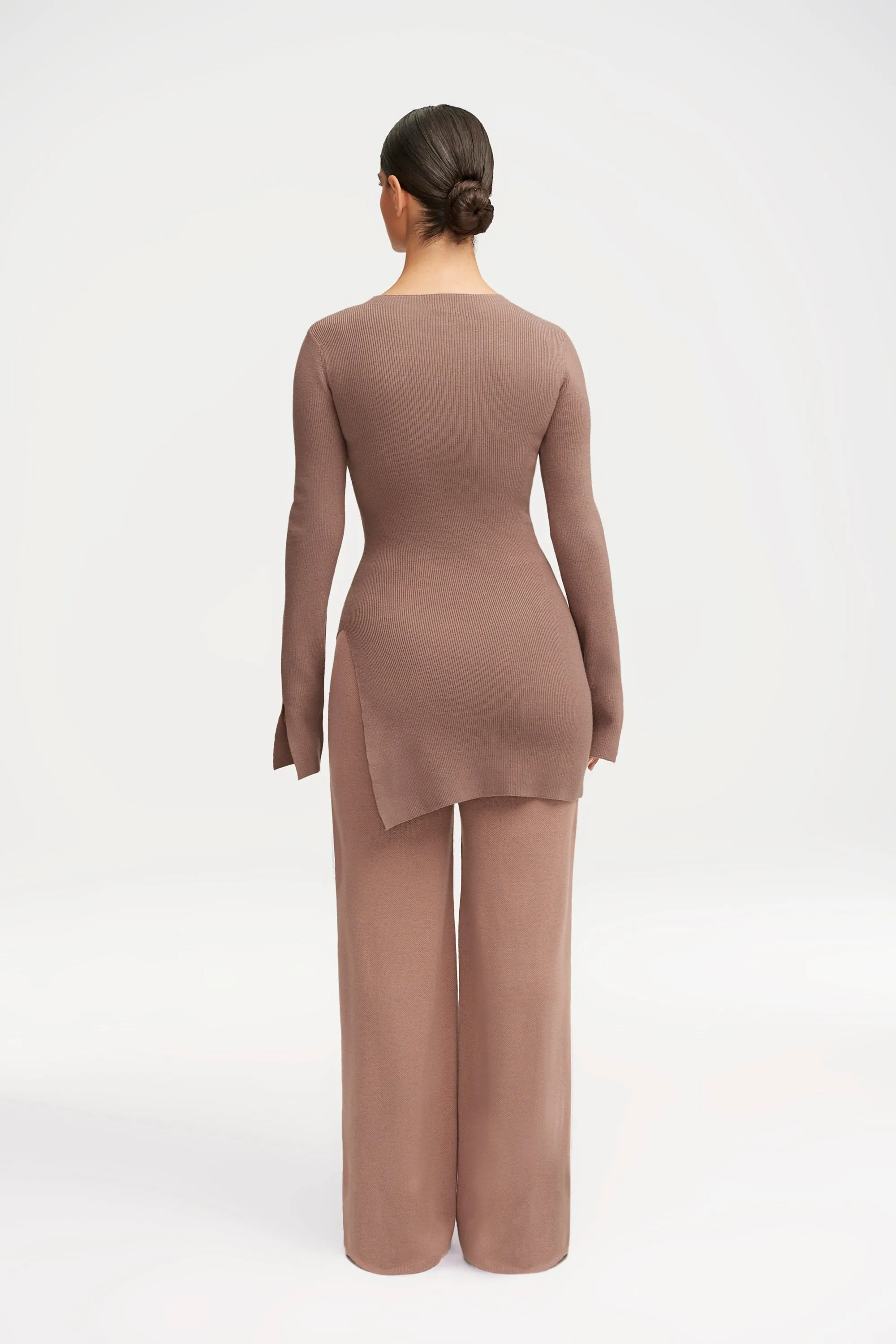 Inaya Ribbed Side Slit Top - Taupe