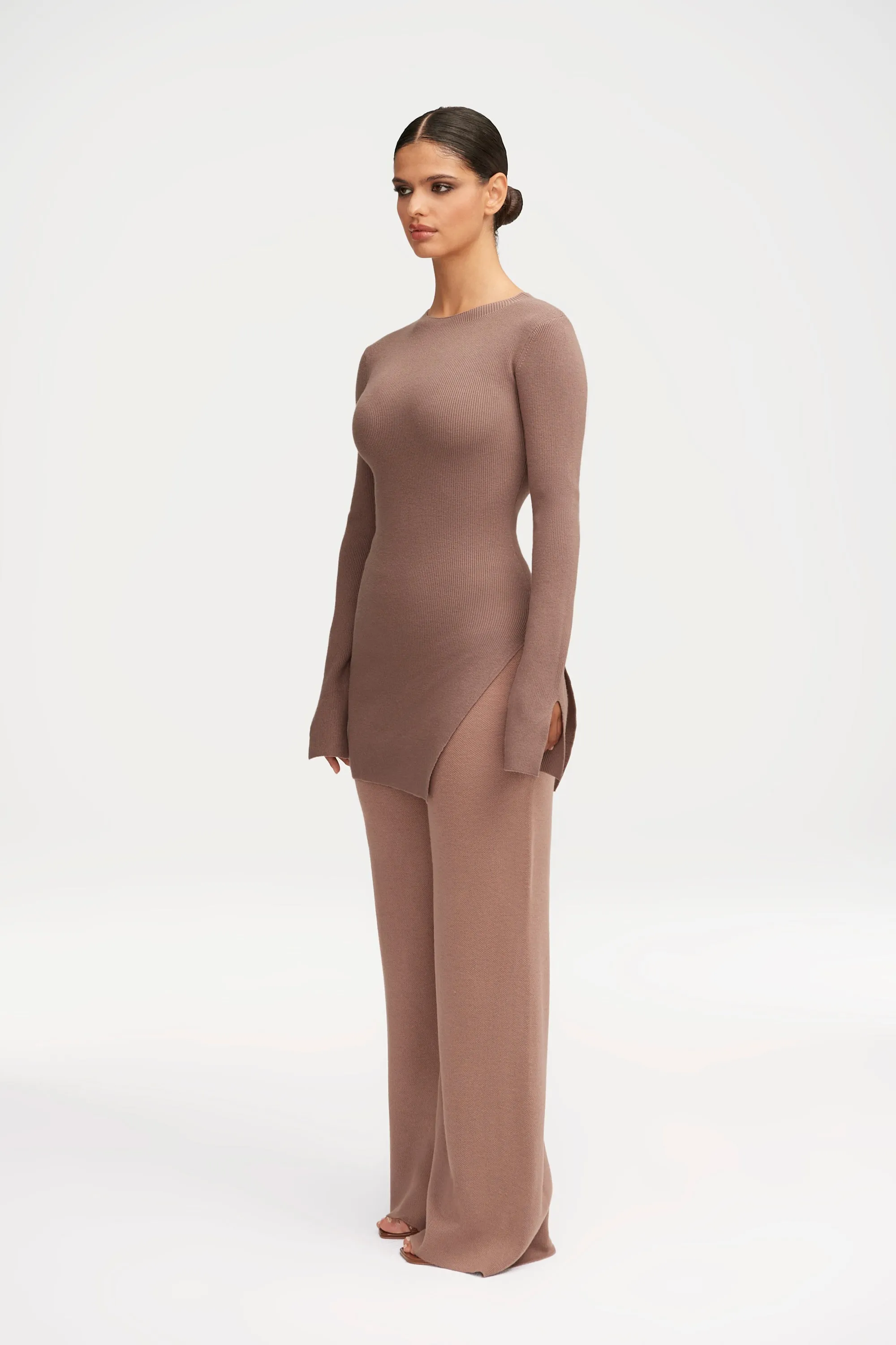 Inaya Ribbed Side Slit Top - Taupe