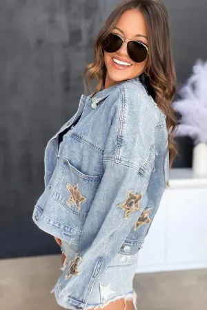 Leopard Star Distressed Cropped Denim Jacket Sky Blue