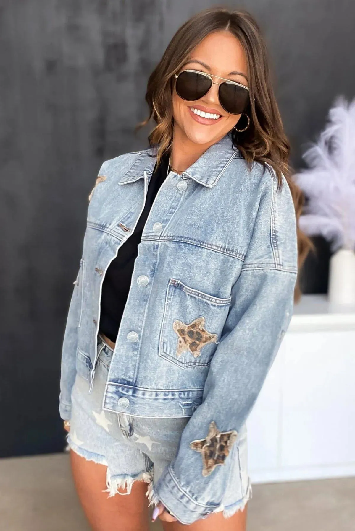 Leopard Star Distressed Cropped Denim Jacket Sky Blue