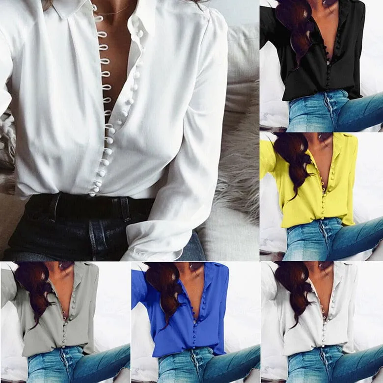 Long Sleeve Button Collared Silky Blouses