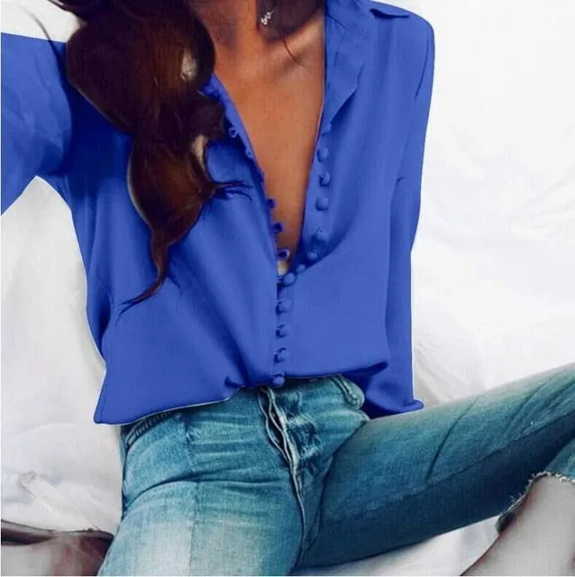 Long Sleeve Button Collared Silky Blouses