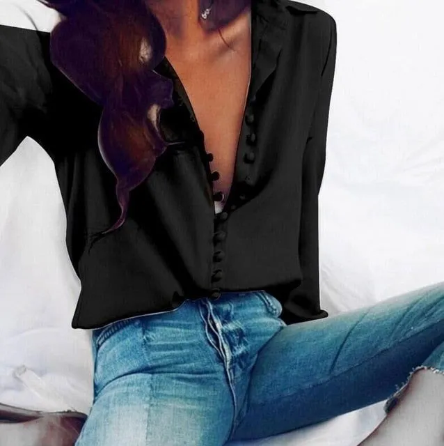 Long Sleeve Button Collared Silky Blouses