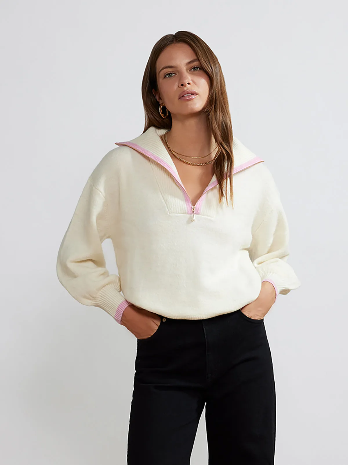 Lorna Ivory Alpaca Blend Zip Collar Sweater