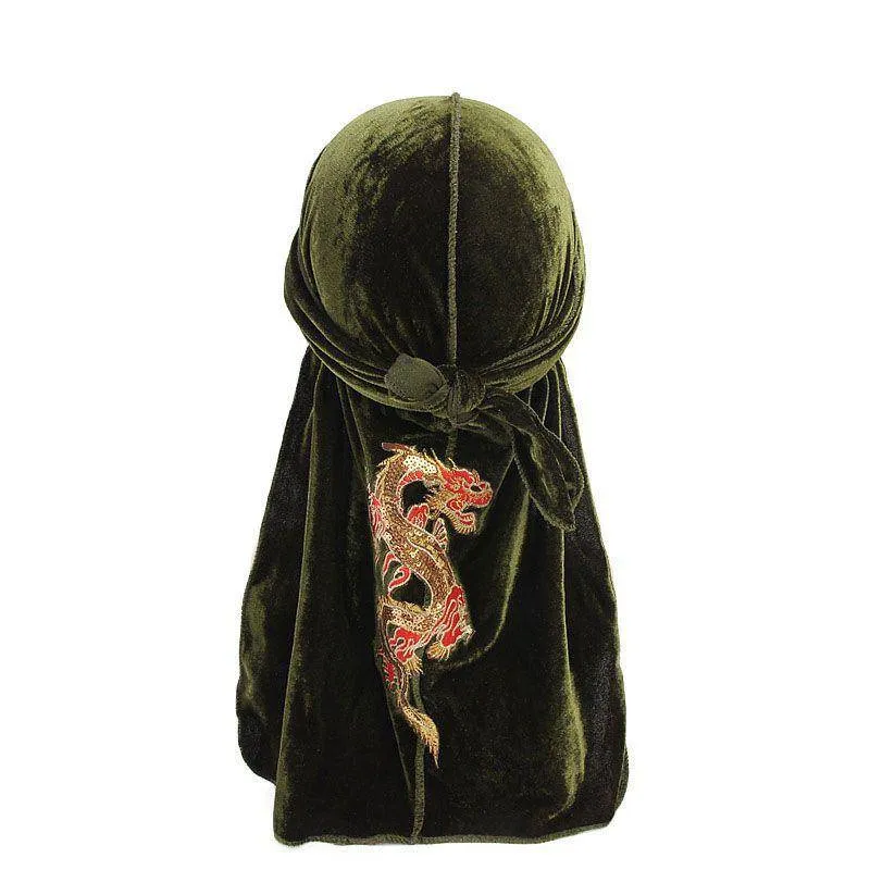 Men's Dragon Embroidered Velvet Du Rag