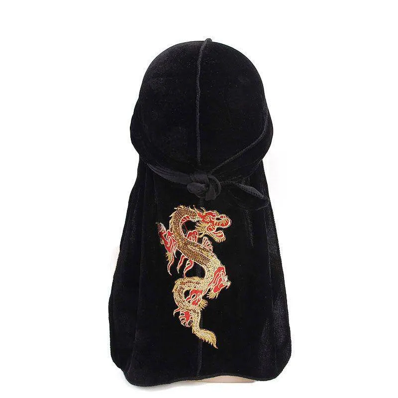 Men's Dragon Embroidered Velvet Du Rag